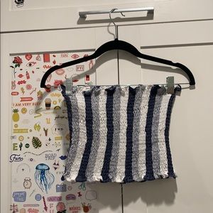 Blue and white striped cropped tube top